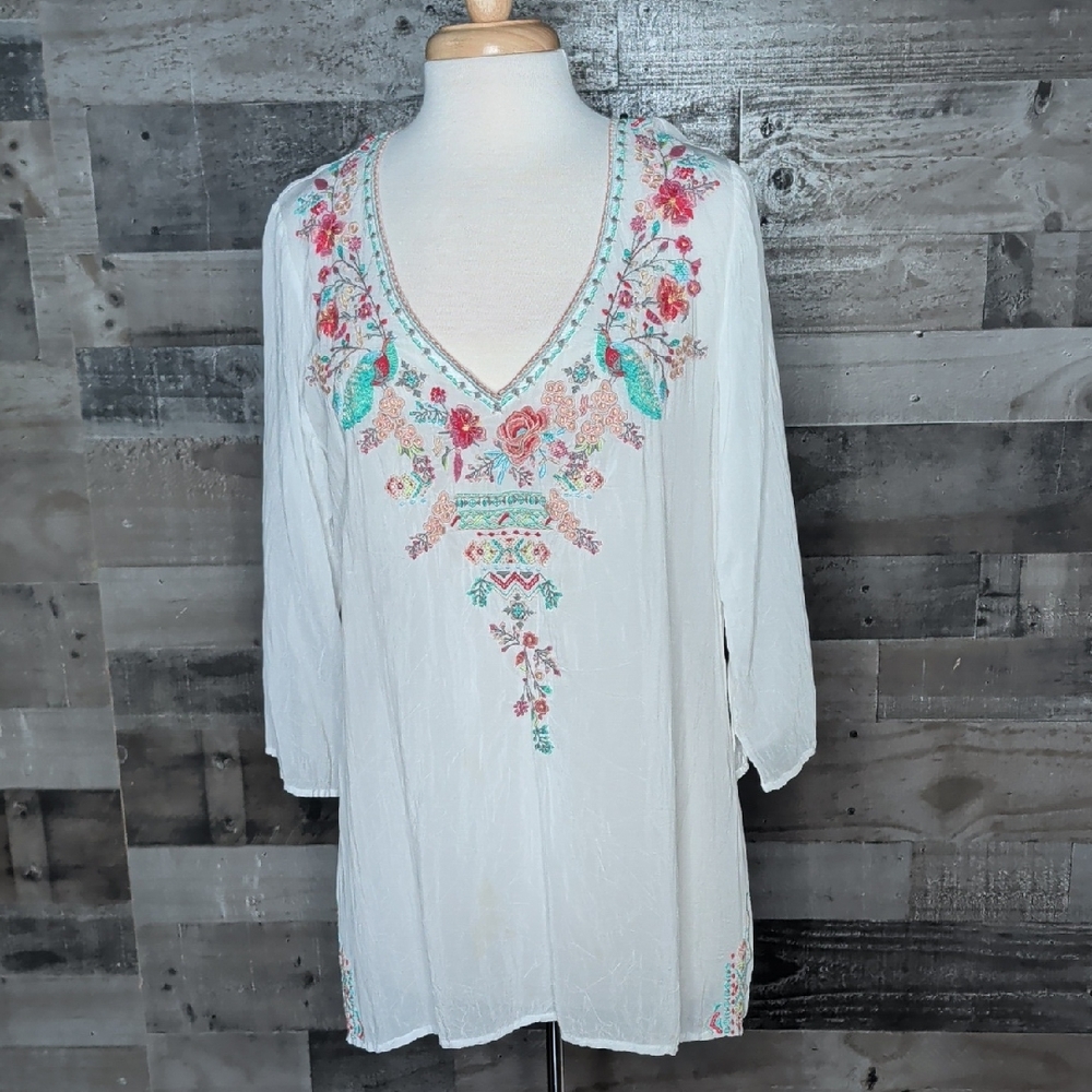 Johnny Was White Tunic with Floral & Peacock Embroidery